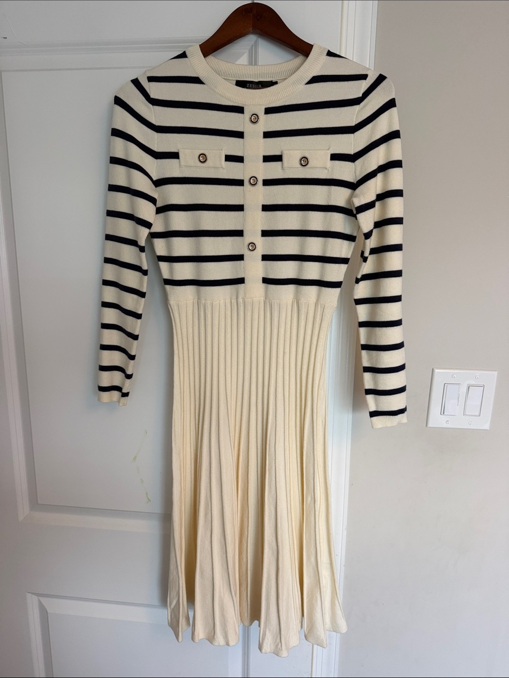 Zessica Cream & Navy Striped Knit Midi Dress
